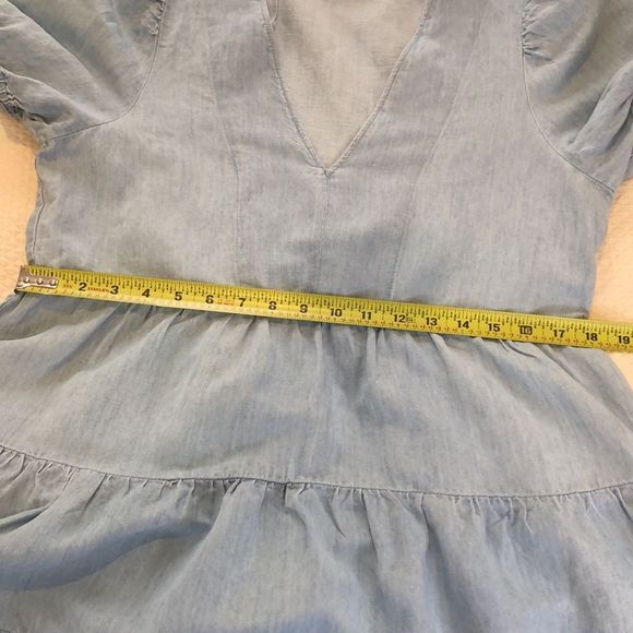 ZARA Blue V-Neck Short Puff Sleeve Babydoll Dress w Tiered Skirt Sz MD - Picture 11 of 16